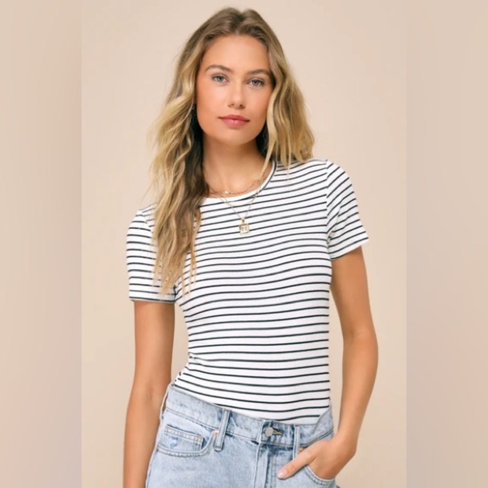 Lulu's Black and White Striped Short Sleeve Bodysuit